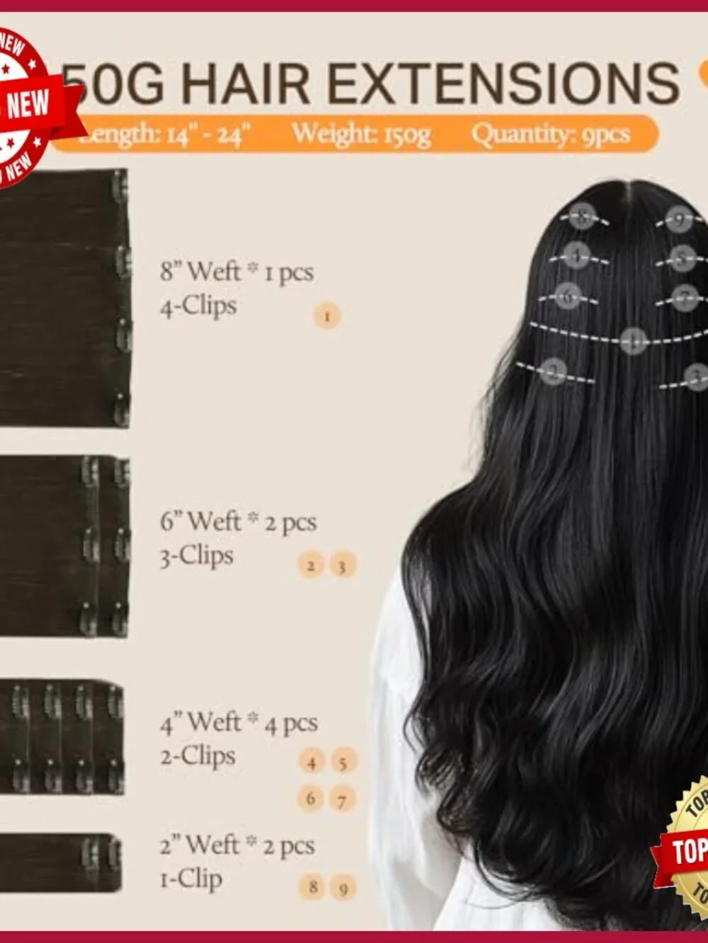 Clip-In Human Hair Extensions 20 Inch 150g Thick Straight Weft 9 Pieces